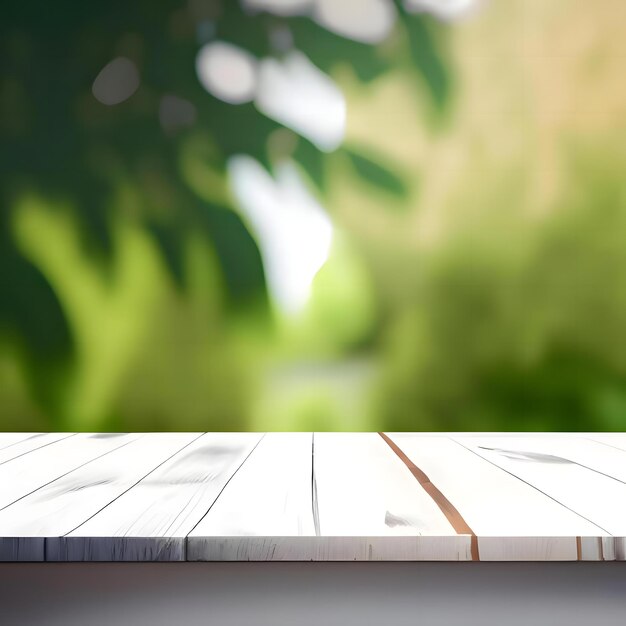 Empty White Wooden Table Product Display with Blurred Garden Background 1