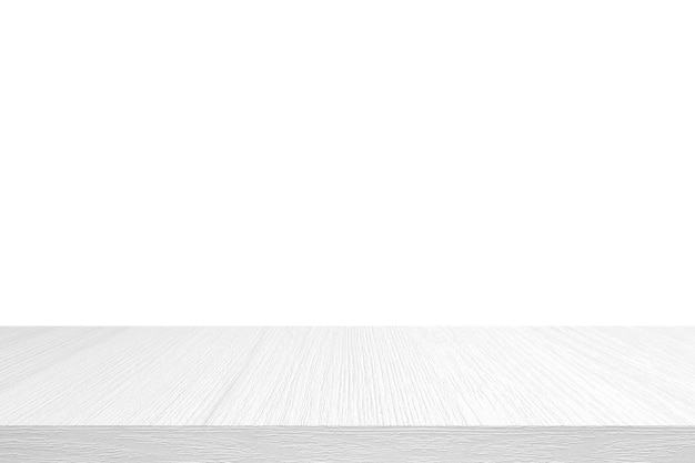 写真 空の白い木製のテーブルトップ、白で隔離の机