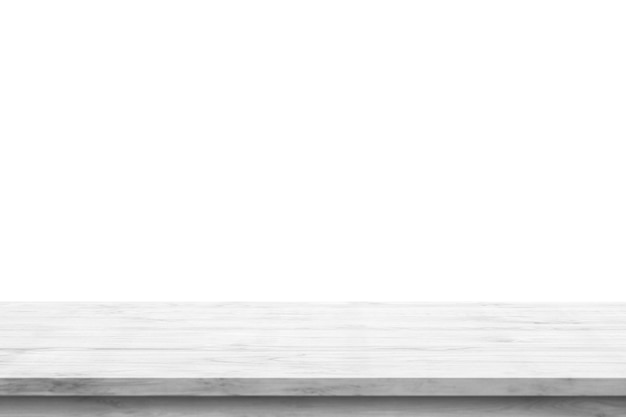 Empty white wooden table top isolated on white background