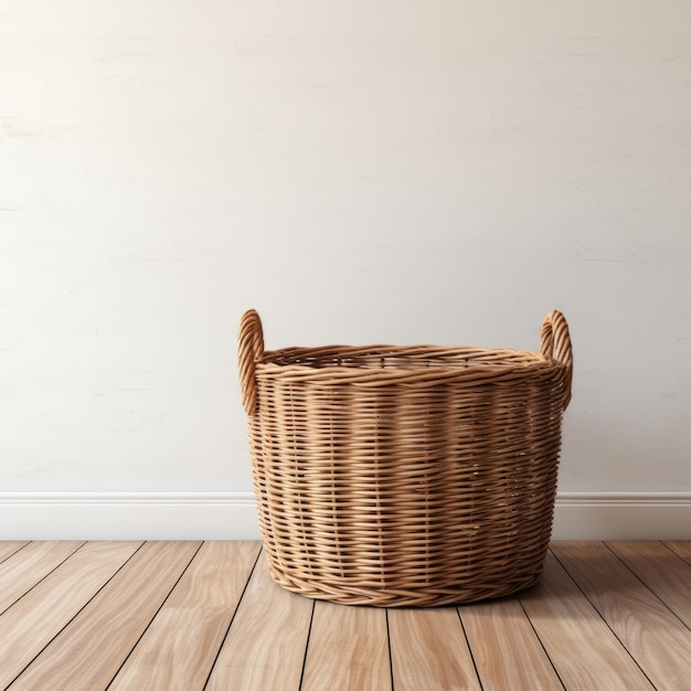 empty wicker basket on wooden floor and white wall 3d rendering