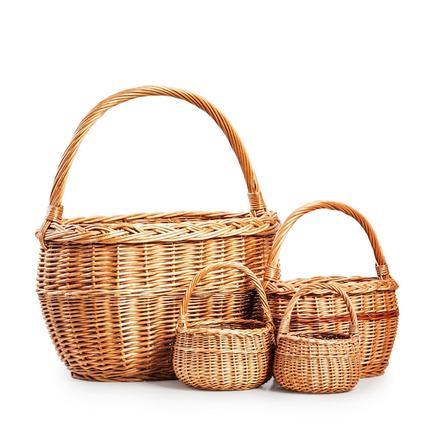 Empty wicker baskets. Objects group isolated on white background with clipping path