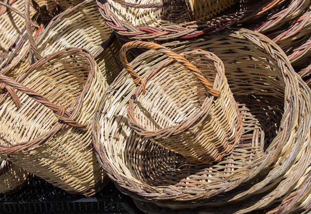 Empty wicker baskets for sale in a market place