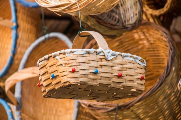 Empty wicker baskets for sale in a market place