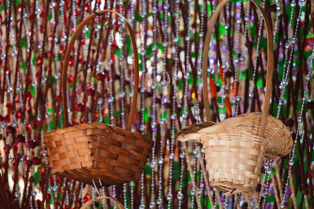 Empty wicker baskets for sale in a market place