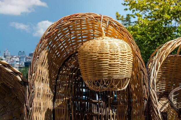 Empty wicker baskets in view in a market place