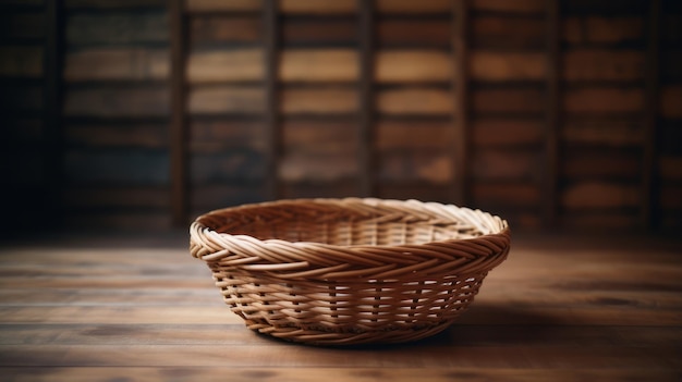 Фото Пустая плетеная чаша на деревянном столе