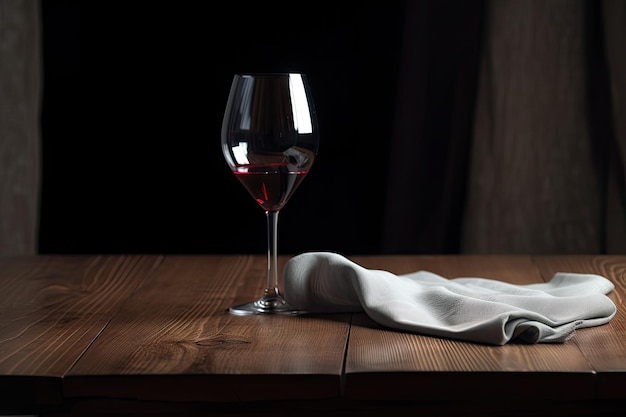 An empty wine glass on a wooden table next to napkin and bottle of red wine