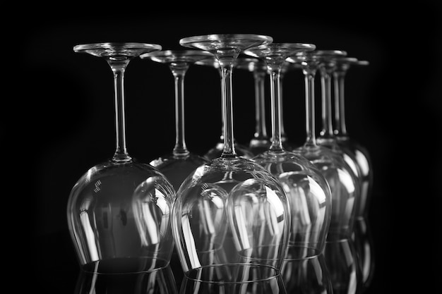 Empty wine glasses on black background, closeup