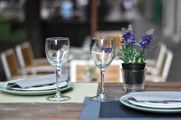 Empty wineglasses on table in restaurant