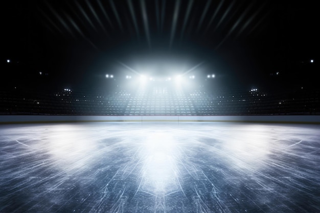 Empty winter background with an ice rink illuminated by spotlights Isolated in black