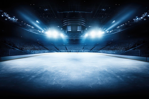 Photo empty winter ice rink with bright spotlight lighting