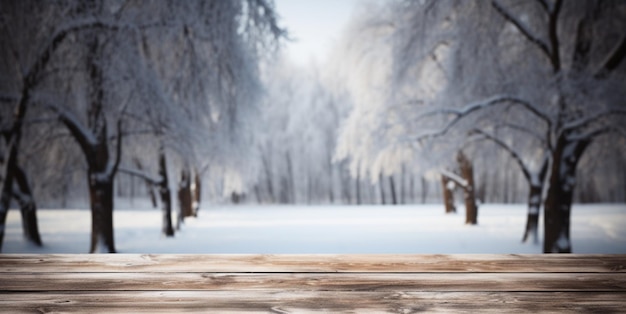 Photo empty winter wood plank board table with snowfall