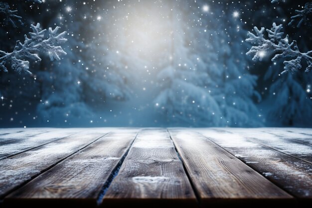 Empty winter wood plank board table with snowfall