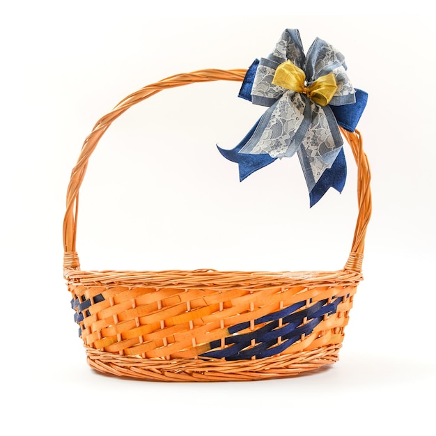 Empty Wood basket with bow decoration isolate on white background