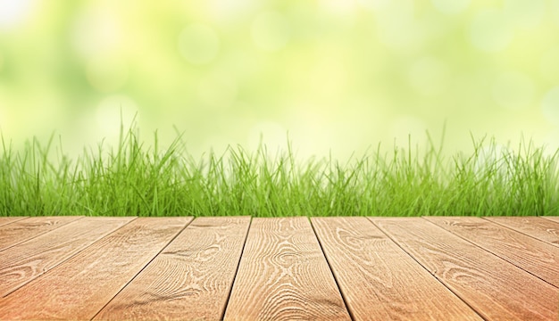 Empty wood flooring and grass spring background