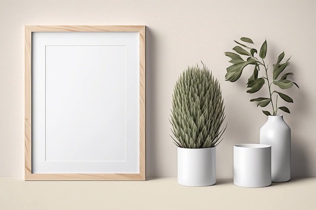 Photo empty wood frame mockup on table near vase and green plants