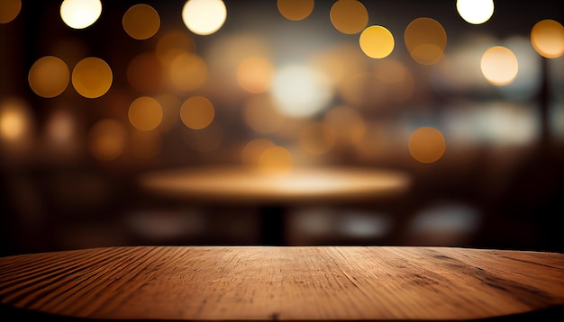 Empty wood table on blur light gold bokeh Ai generated image