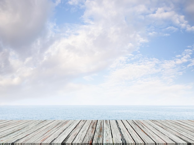 Empty Wood Table on Blur Sea Summer BackgroundBlank Desk with Blue Ocean and blue sky Horizon Landscape Outdoor photo BackdropMockup Board for add Product PresentationTropical Summer Nature Tourism