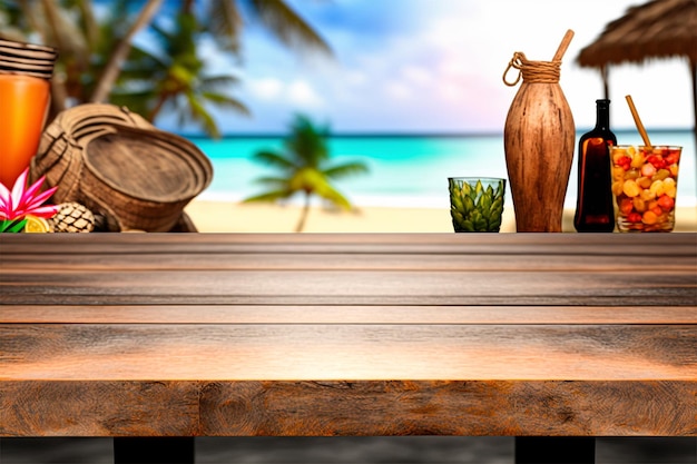 Empty wood table and blurred beach and tropical drink background