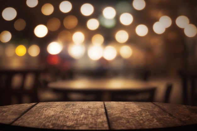 Empty wood table and blurred bokeh cafe light background