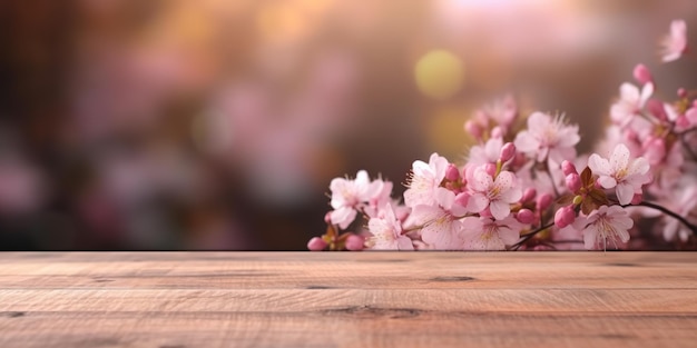 пустой деревянный стол за размытым фоном цветущей сакуры шаблон отображения продукта