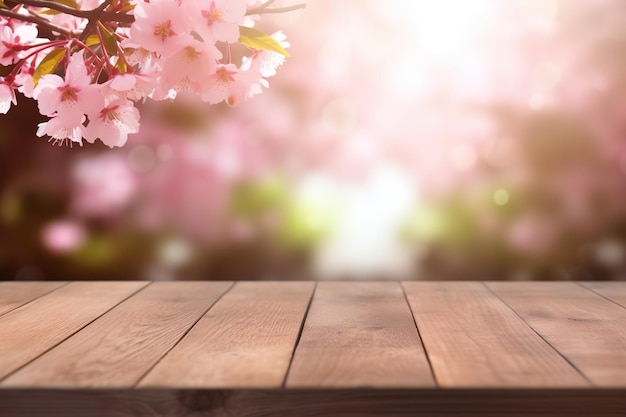 empty wood table behind blurred cherry blossom background product display template