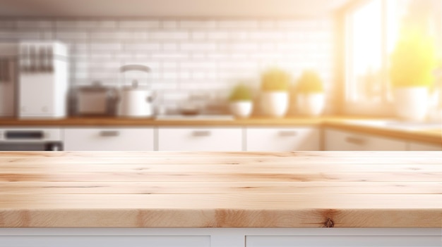 Empty wood table on blurred kitchen background for product display Generative AI