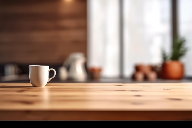 Empty wood table and blurry background of modern minimalist kitchen product display template