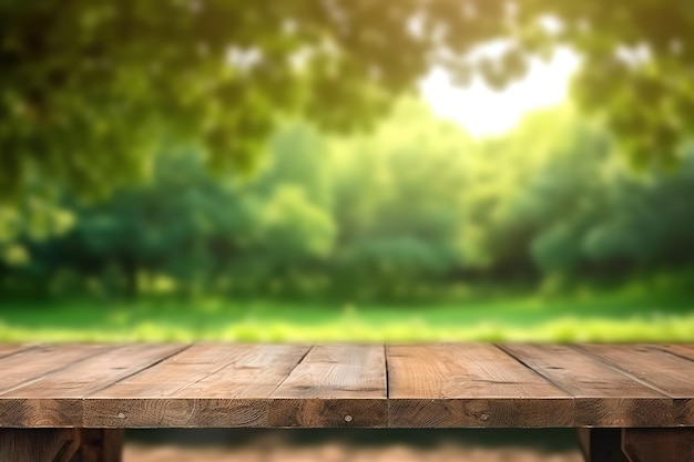 Empty wood table and blurry background of summer farm green product display template