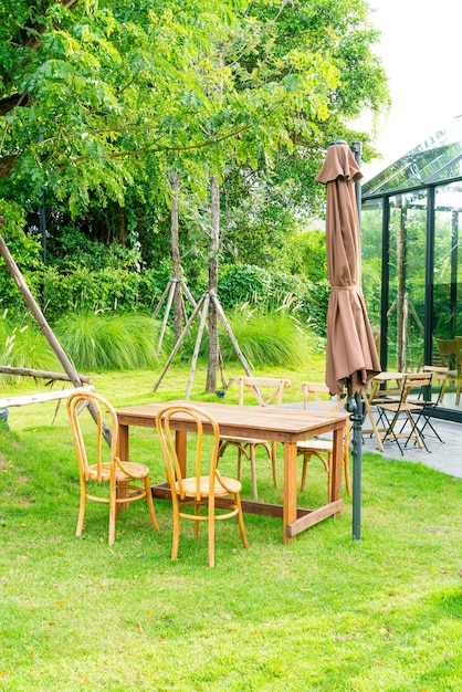 empty wood table and chair in garden