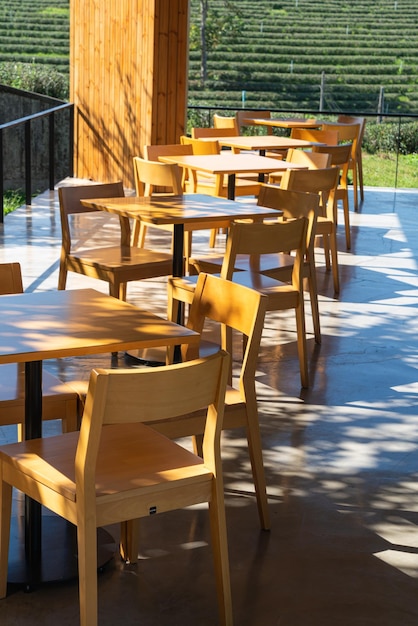 Empty wood table and chair