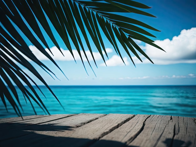 Empty wood table in front of blue sky on the beach copy paste copy space ai generative