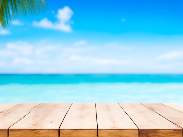 Empty wood table in front of blue sky on summer sea with palm leaf blurred bokeh background