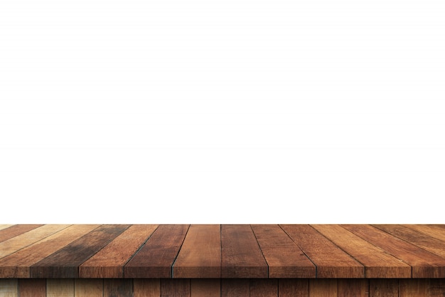 Photo empty wood table on isolate white background and display montage with copy space for product.