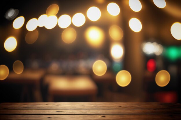 Empty wood table for product display in blur background of restaurant at night