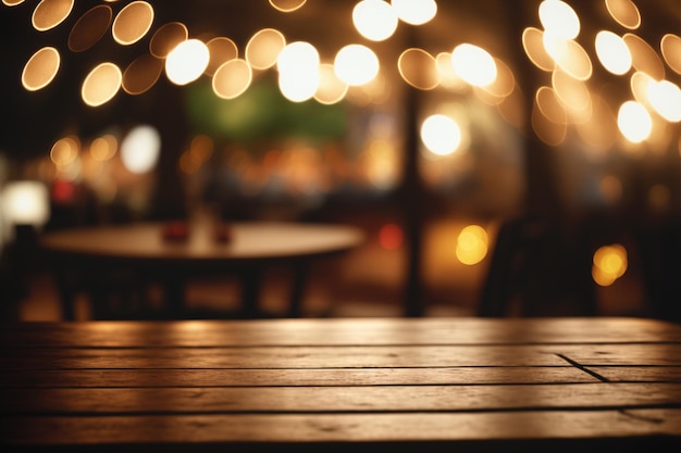 Empty wood table for product display in blur background of restaurant at night