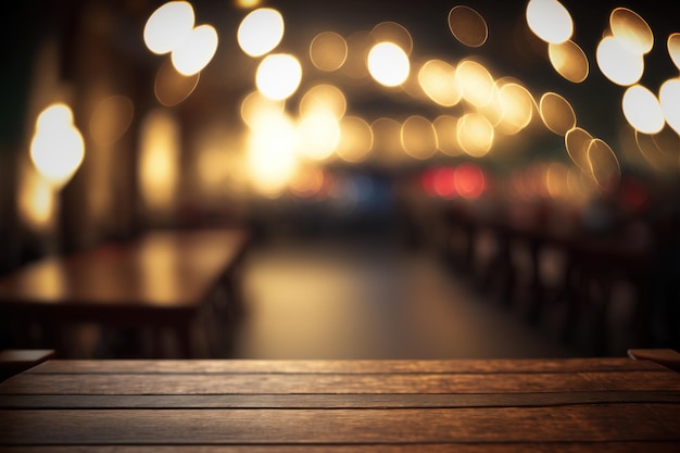 Empty wood table for product display in blur background of restaurant at night