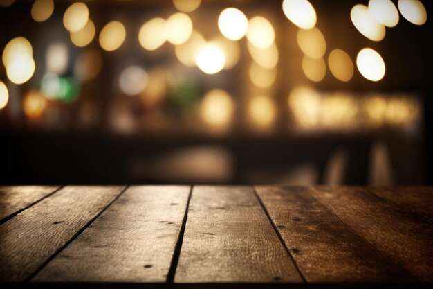 夜のレストランのぼかした背景に商品を陳列するための空の木製テーブル