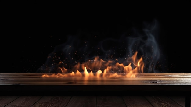 Empty Wood table product display with flame effect on dark background