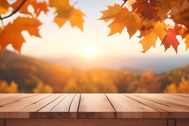 Photo empty wood table product presentation with blurred autumn background