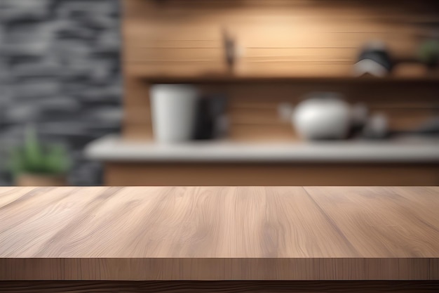 Empty Wood table product presentation with blurred interior background