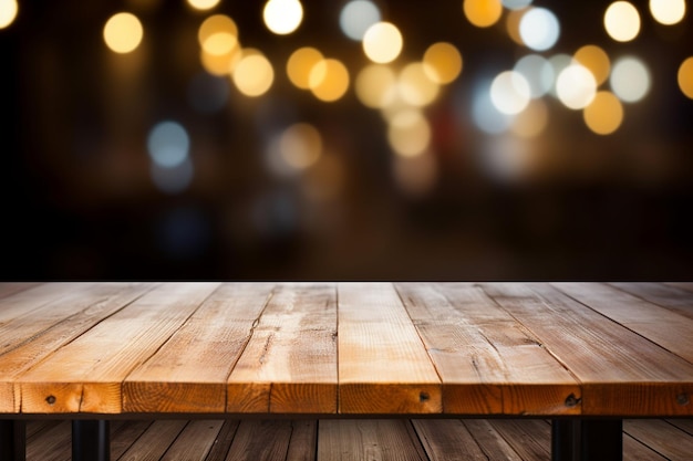 Empty wood table in a pub blurred bokeh background