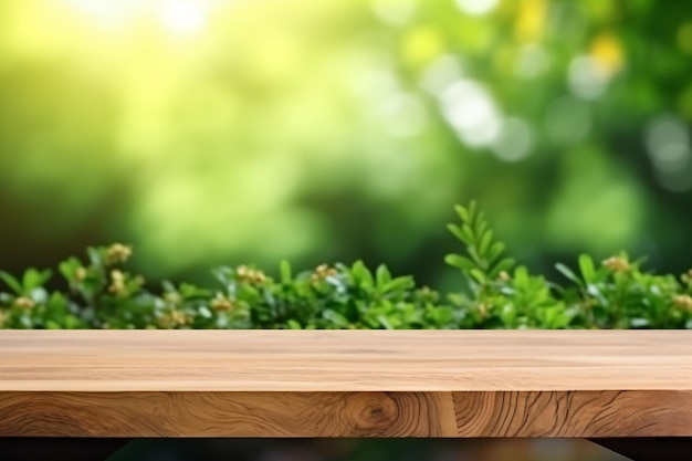 Empty wood table top on blur abstract green from garden background