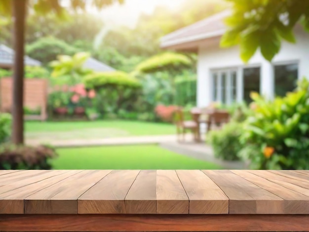 Photo empty wood table top on blur abstract green from garden and house in morning generated by ai