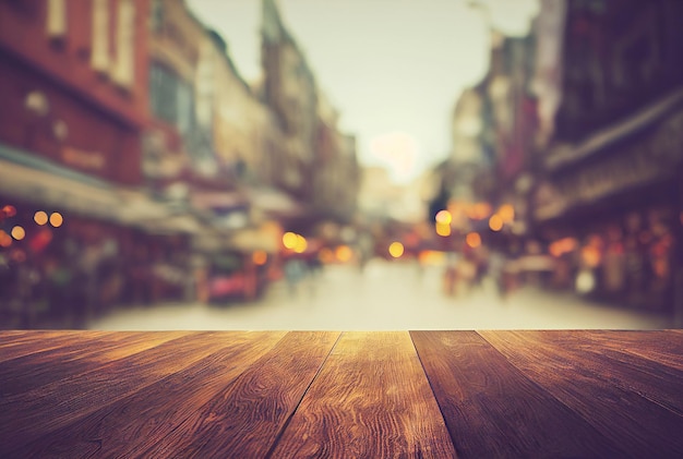 Empty wood table top on blur abstract of street restaurant outdoor and city background for montage