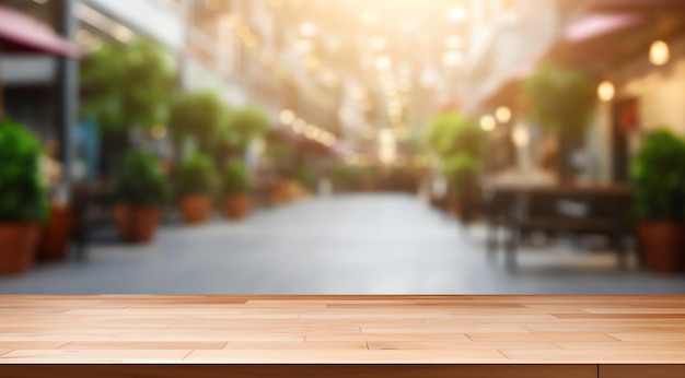 Empty wood table top on blur abstract of street shopping mall outdoor background for montage product