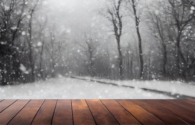 Empty wood table top on blur abstract of wild snow winter nature background for montage product display 3d rendering