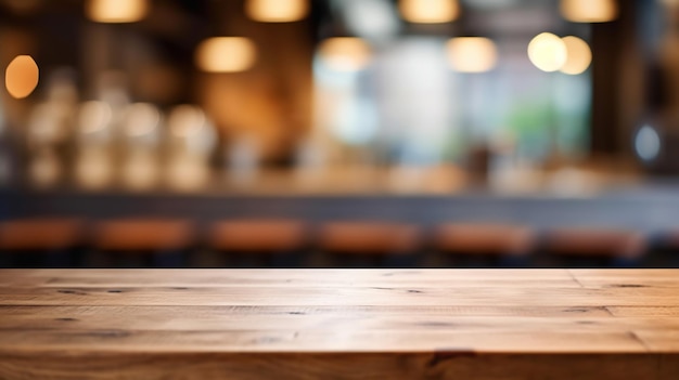 Empty wood table top on blur bakery shop or cafe restaurant with abstract bokeh background Generative Ai