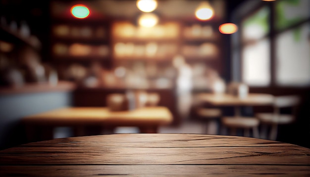 Empty wood table top on blur bakery shop or cafe restaurant with abstract bokeh background