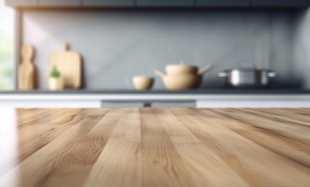 Empty wood table top and blur bokeh modern gray kitchen interior background in clean and bright Ai generative